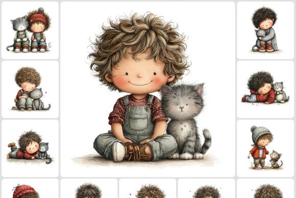 Child Playing with Kitty Clipart 40 JPG: Whimsy for Modern Design