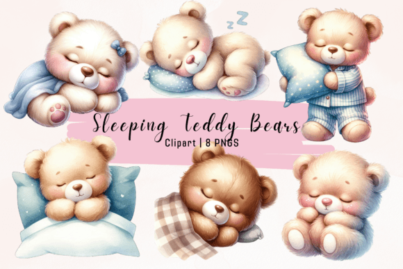 Watercolor Sleeping Teddy Bears Clipart for Cozy Designs